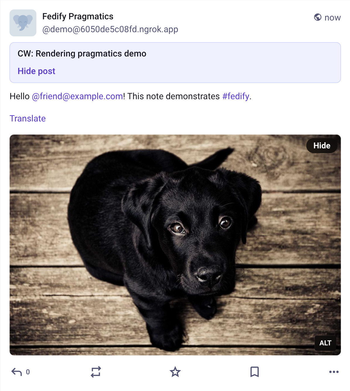 Screenshot: A note with a content warning in
Mastodon